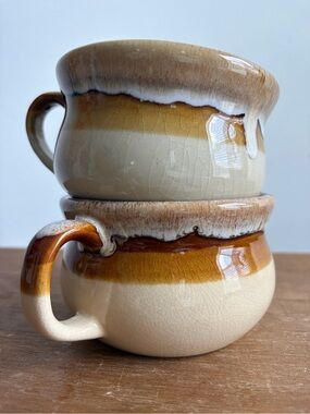 Vintage Ceramic Stoneware Drip Glaze Soup Cups /Mugs - Cream & Honey Brown
